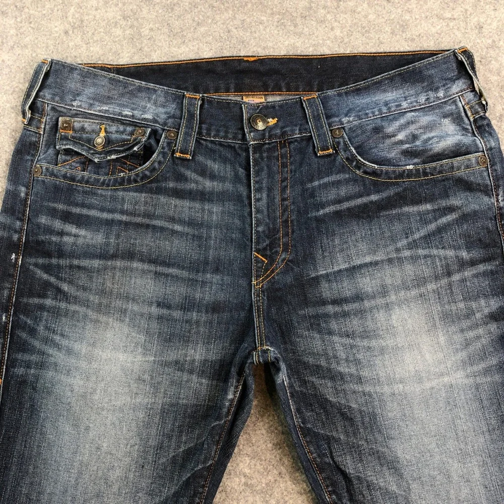 True Religion Mens Jeans 38x34 Geno Relaxed Slim Flap Pockets Dark Wash Blue USA